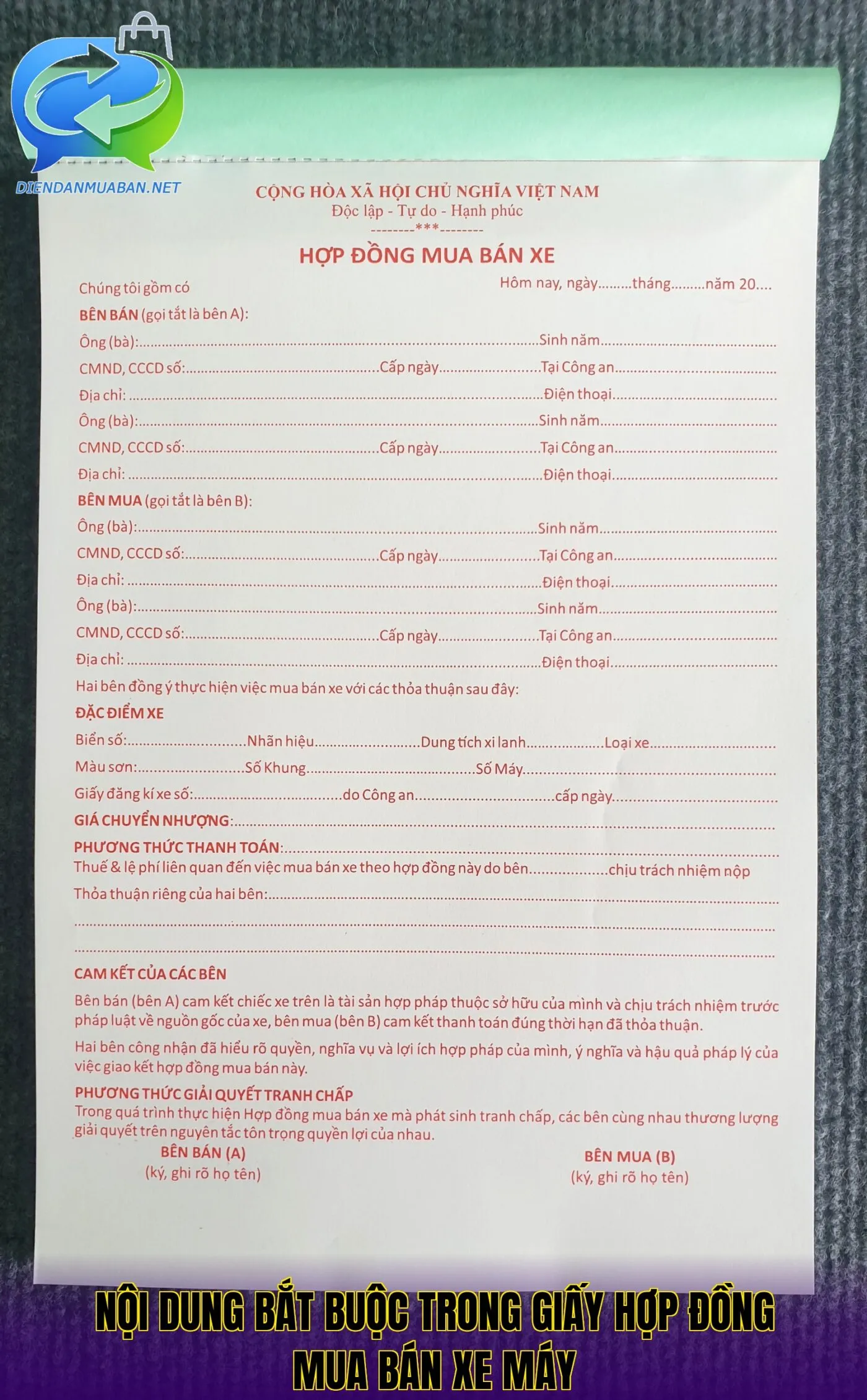 Nội dung bắt buộc trong giấy hợp đồng mua bán xe máy