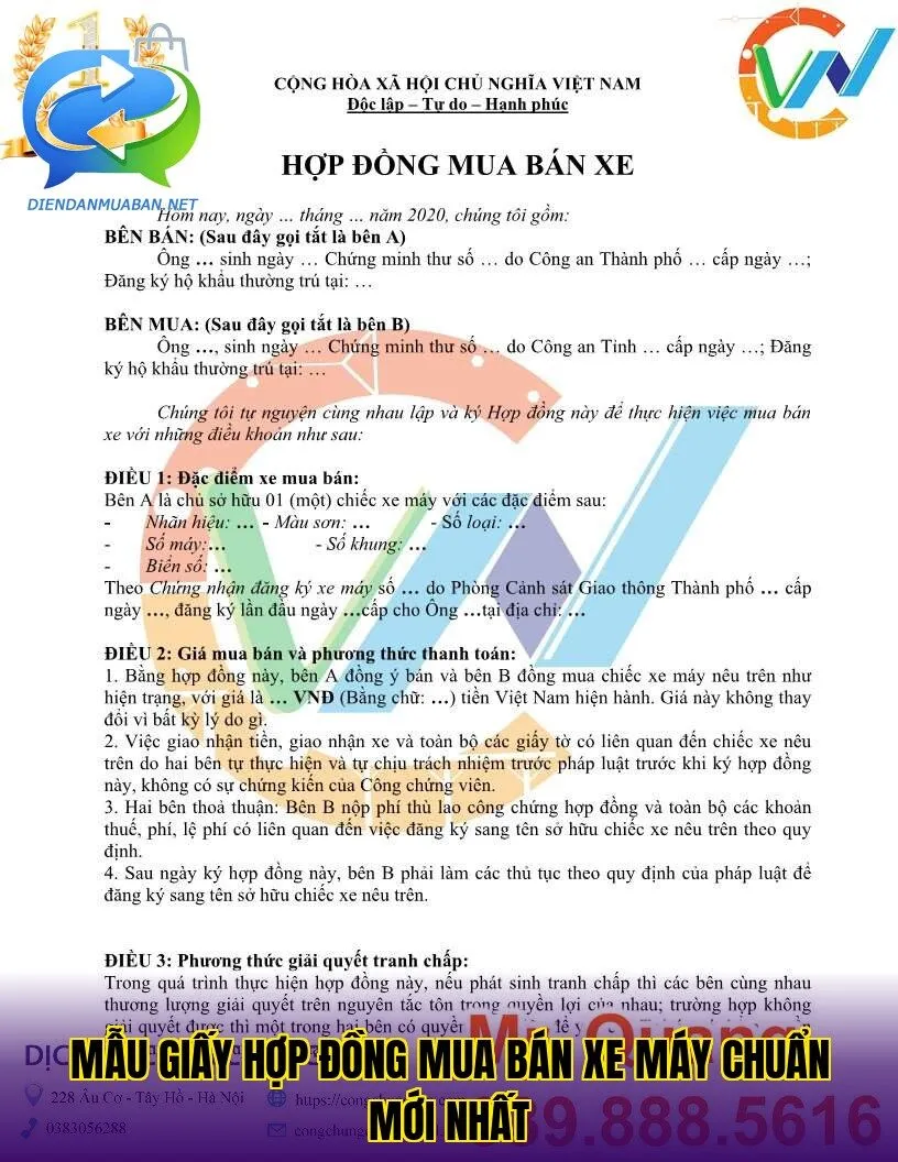Mẫu giấy hợp đồng mua bán xe máy chuẩn mới nhất