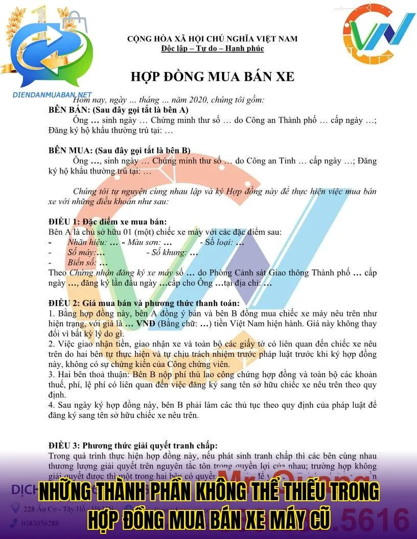 Những thành phần không thể thiếu trong hợp đồng mua bán xe máy cũ