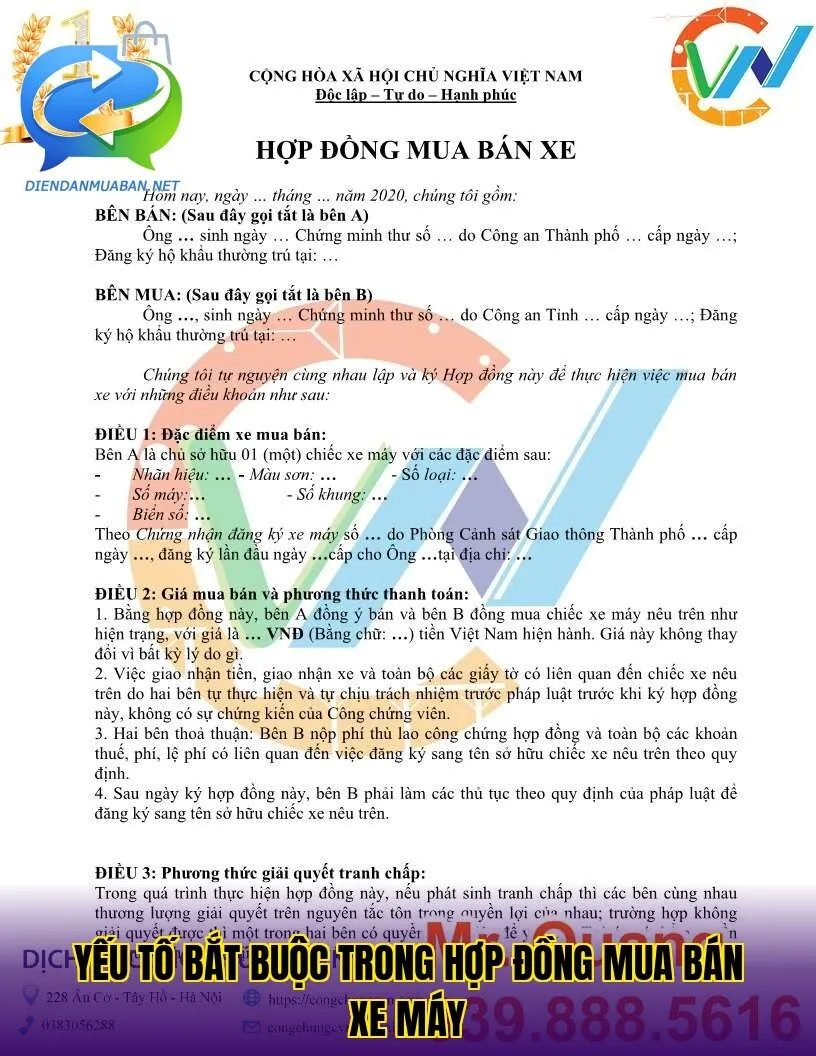 Yếu tố bắt buộc trong hợp đồng mua bán xe máy