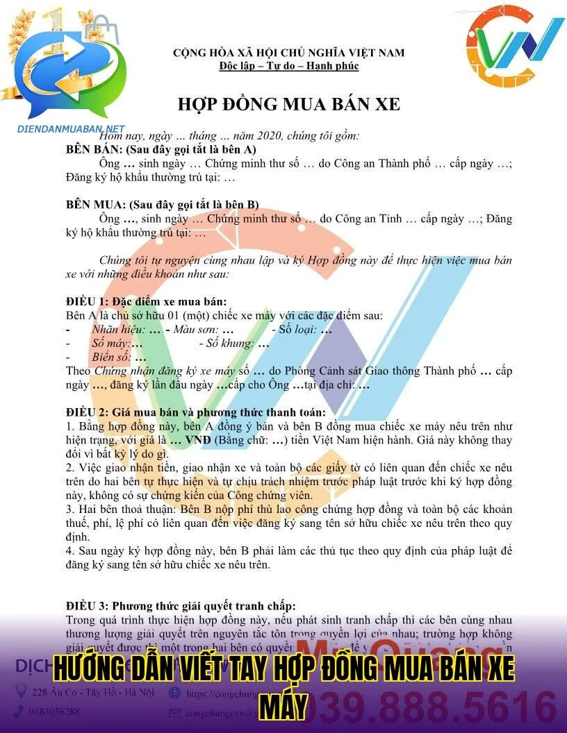 Hướng dẫn viết tay hợp đồng mua bán xe máy