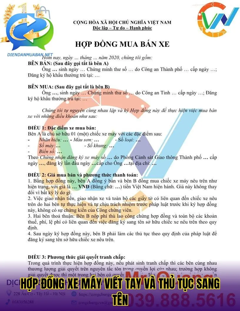 Hợp đồng xe máy viết tay và thủ tục sang tên