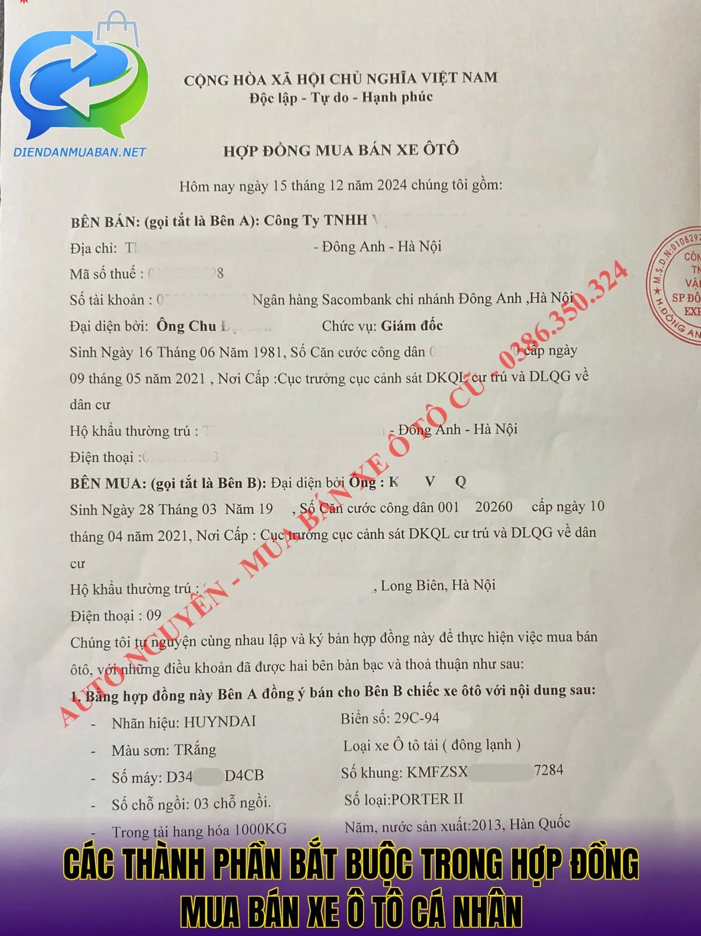 Các thành phần bắt buộc trong hợp đồng mua bán xe ô tô cá nhân