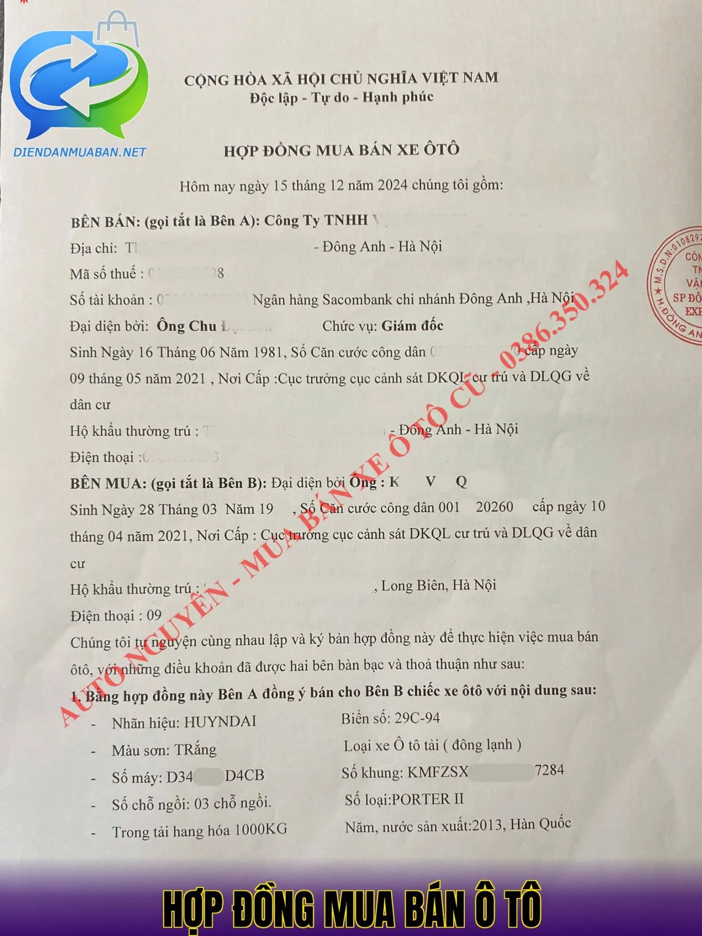 HỢP ĐỒNG MUA BÁN Ô TÔ